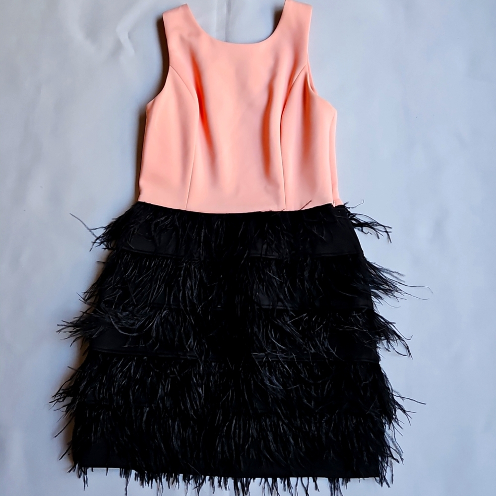 MAIA Peach and Black Dress With Feathers Size 8 - Picture 3 of 16